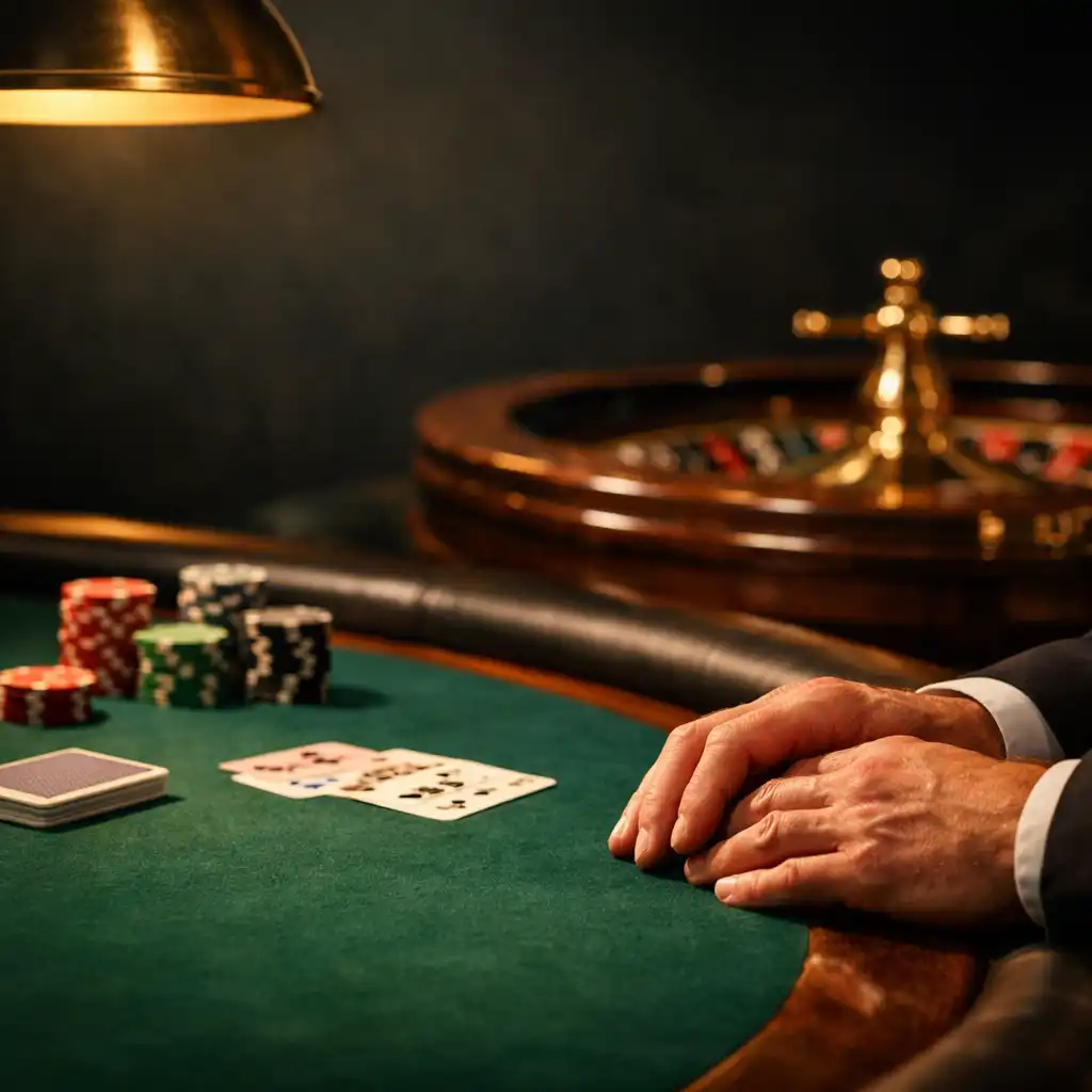 Zielony stół do gry z ruletką, kartami pokerowymi i dyskretnie widocznymi dłońmi